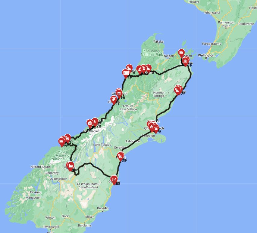 Map for Christchurch Roundtrip - Central and Northern South Island